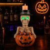 Halloween Resin Skeleton Figurine Candy Dish, Glowing Green Eye Design, Decorative Treat Bowl and Flameless Candle Display Holder for Entryway, Mantel