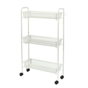 3-Tier Slim Rolling Bathroom Storage Cart with Hooks, White